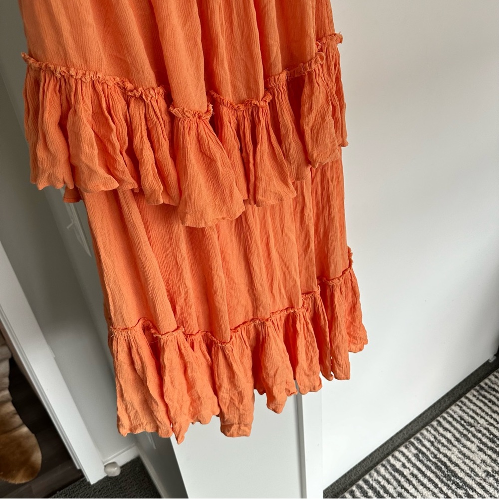 Free People Cascading High Waist Ruffle Midi Boho Skirt Orange - Picture 4 of 5